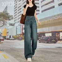 2025秋季新款2粒扣高腰直筒牛仔裤女蓝色腰部宽耳仔大阔腿拖地裤