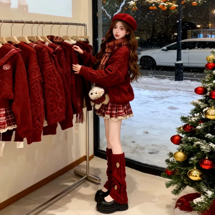 圣诞战袍红色系穿搭一整套韩版高级感宽松毛衣巨好看的两件套装裙