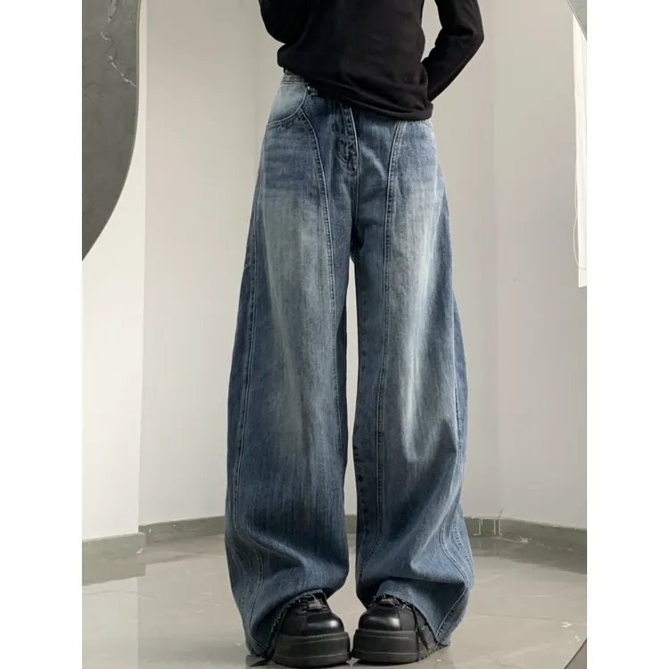 180高个子175加长复古蓝高街宽松阔腿牛仔裤女美式高腰垂感弯刀裤