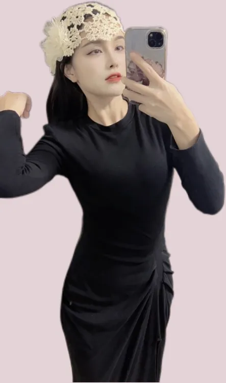 Q·iao 法式优雅气质连衣裙长袖高腰设计显瘦修身包臀裙