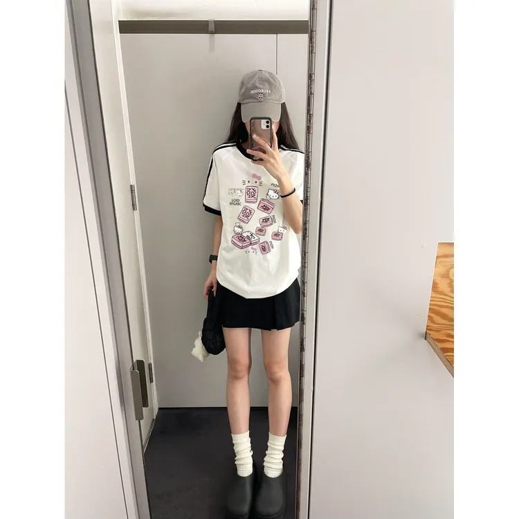 100%纯棉学院风可爱kitty猫印花撞色条纹短袖t恤女款夏季时尚上衣