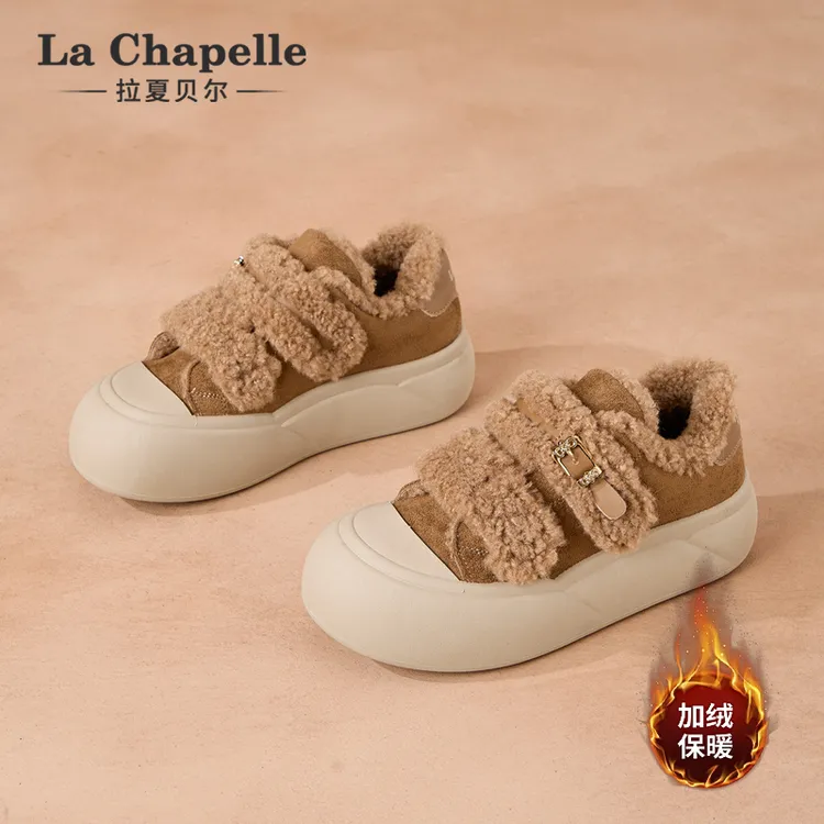 拉夏贝尔德训鞋女2025冬季新款加绒加厚保暖魔术贴百搭可爱面包鞋