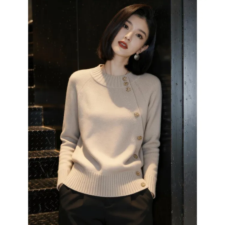 2025秋冬新款女士时尚立领长袖针织衫设计感休闲百搭套头毛衣上衣