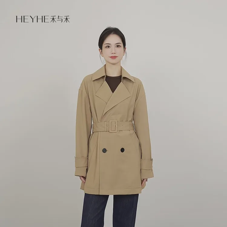 小禾【小禾风衣】绵羊毛桑蚕丝混纺平纹布双排扣落肩英伦收腰风衣