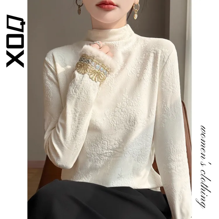 XOQ官方新中式半高领加绒保暖打底衫女秋冬国风刺绣加厚内搭上衣