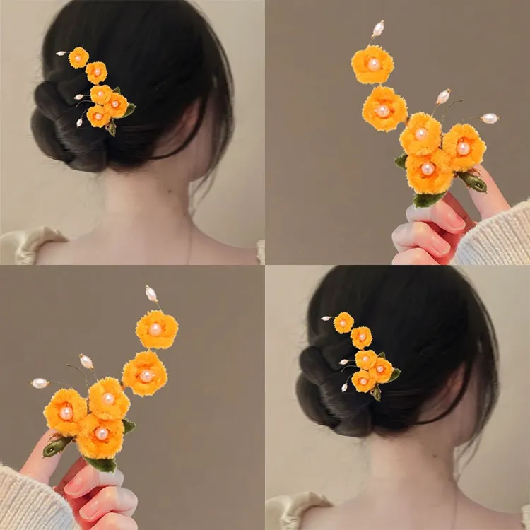 大橘大利！汉服头饰仿绒花发夹！发饰中国风侧边夹秋冬款古装配饰