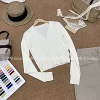 Solara【初雪夕暮】杏色钩花镂空V领长袖针织开衫短款秋季上衣女