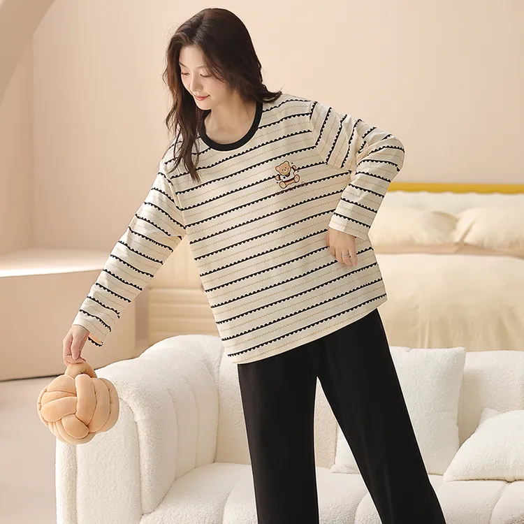 女士睡衣春秋季纯棉长袖长裤圆领休闲条纹卡通可爱家居服女生秋款