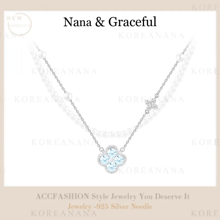 铜合金仿珍珠项链 「海盐蓝」轻奢气质时尚双层四叶花珠珠项链E355