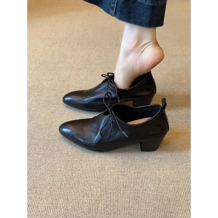 nnmiss·34-39/5cm简约气质尖头系带深口小皮鞋复古风百搭粗跟单鞋