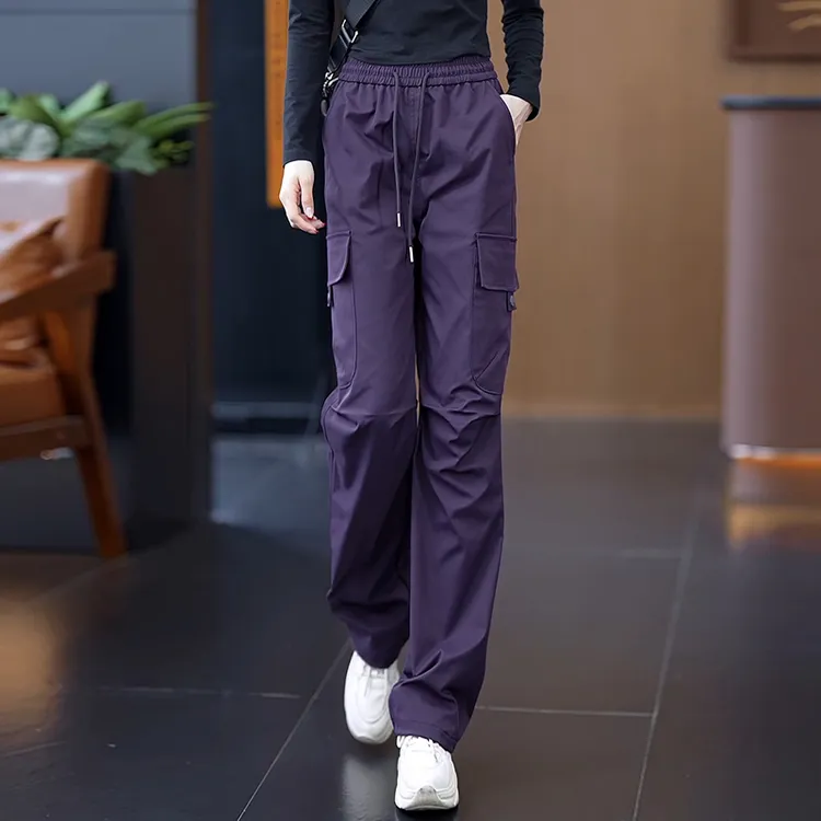 艾格紫色直筒工装裤女春秋2025新款爆款松紧高腰抽绳运动休闲裤子