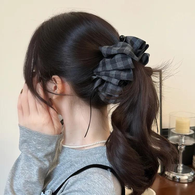 韩系格纹10cm芭蕾风褶皱香蕉夹2025新款飘带高低马尾竖夹