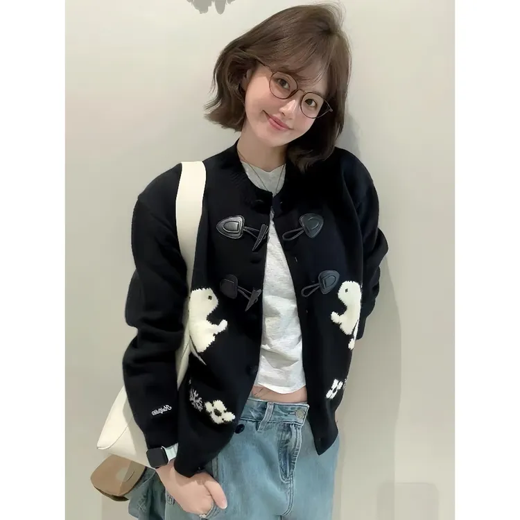 La Chapelle/拉夏贝尔针织复古开衫秋冬牛角扣外套圆领女2025毛衣