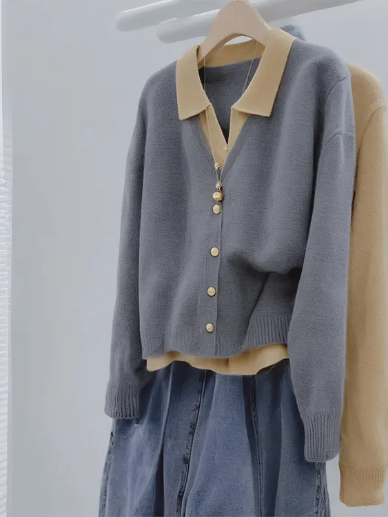 大码假两件POLO领洋气纽扣显瘦时尚胖mm百搭宽松女长袖针织衫