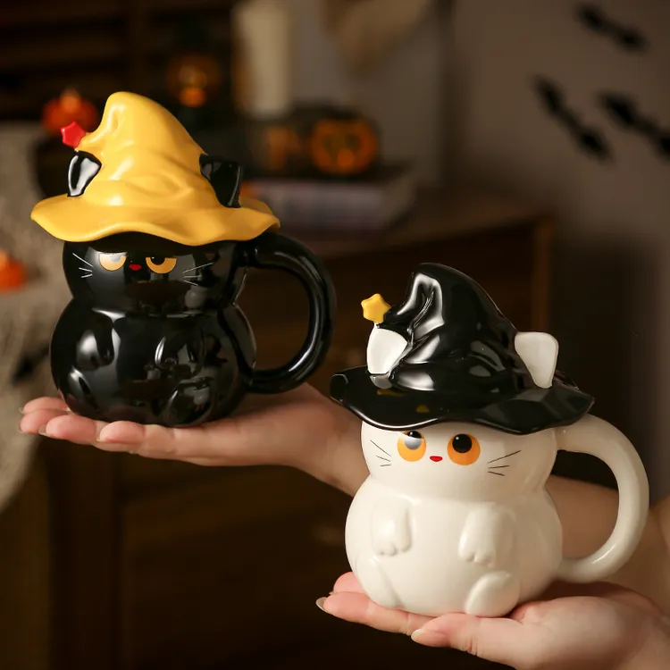 黑猫【可爱魔法帽】水杯情侣搞怪陶瓷马克杯带盖勺闺蜜生日礼物杯子