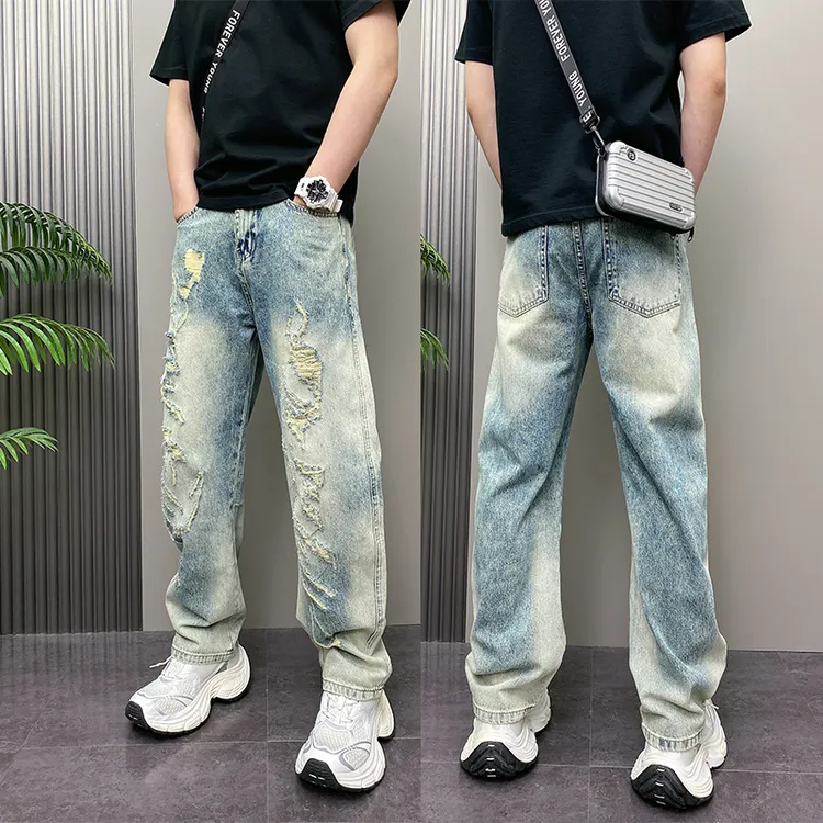 潮牌破洞复古怀旧蓝牛仔裤男秋季新款乞丐哈伦裤潮流痞帅宽松长裤