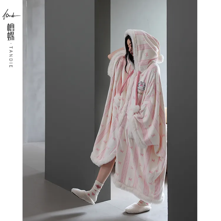 檀蝶【法兰绒】斗篷睡衣女款2025爆款秋冬粉系蝴蝶结睡衣女加绒睡衣
