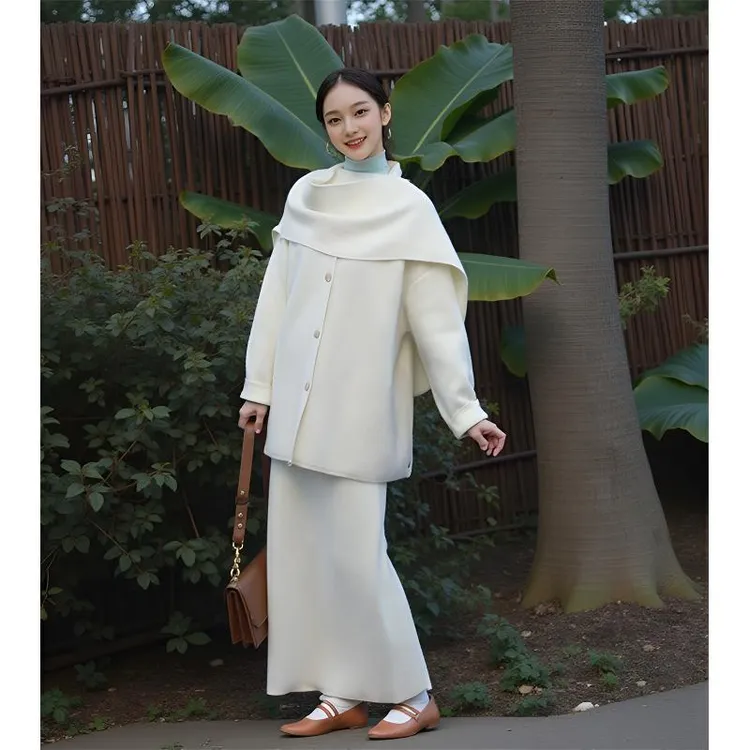 高端毛呢套装女冬季时髦轻奢气质配自带披肩围巾外套半身裙两件套