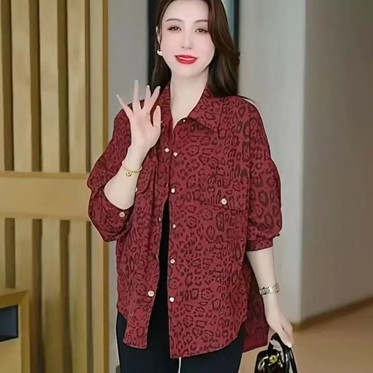 中老年妈妈装宽松单排多扣四季通用洋气衬衫外套衬衣显瘦秋季豹纹