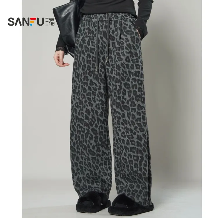 三福 冬季豹纹直筒宽松美式抽绳时尚复古ins高腰休闲裤 515760