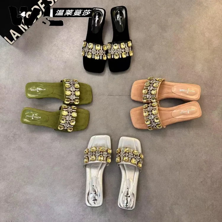 （清）NO退换2025年夏季款一字带水钻凉拖鞋女外穿气质百搭低跟拖鞋