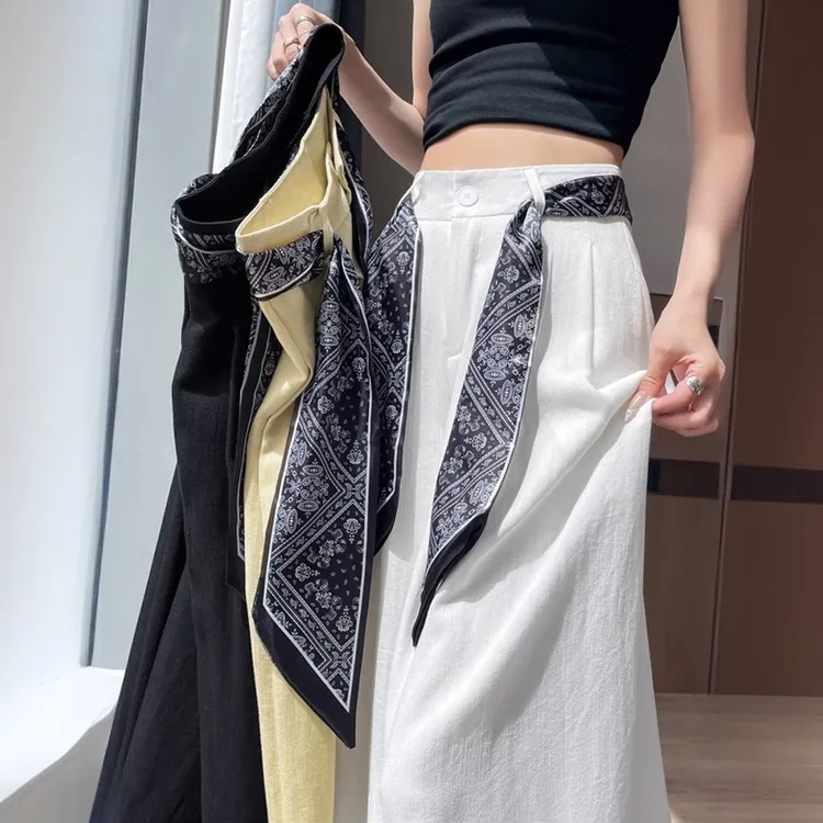棉麻冰丝西装裤女夏季薄款高腰显瘦直筒高级感垂坠感拖地阔腿裤子