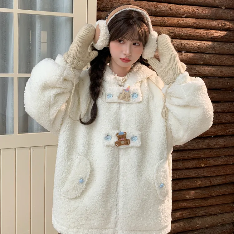 森女部落甜美加绒连帽卫衣女2025新款宽松小熊设计感百搭绒衫秋冬