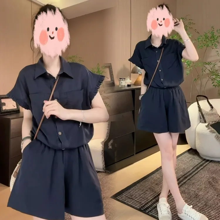 木耳边短袖衬衫短裤套装女2025夏季小个子百搭显瘦休闲运动两件套
