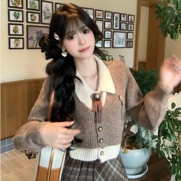 Blovelan复古胶片 美拉德风学院Polo领针织毛衣+温柔格纹百搭半裙