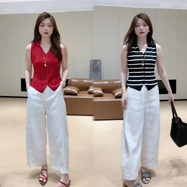 夏季新款POLO领无袖修身显瘦针织上衣时尚设计感百搭阔腿裤套装女