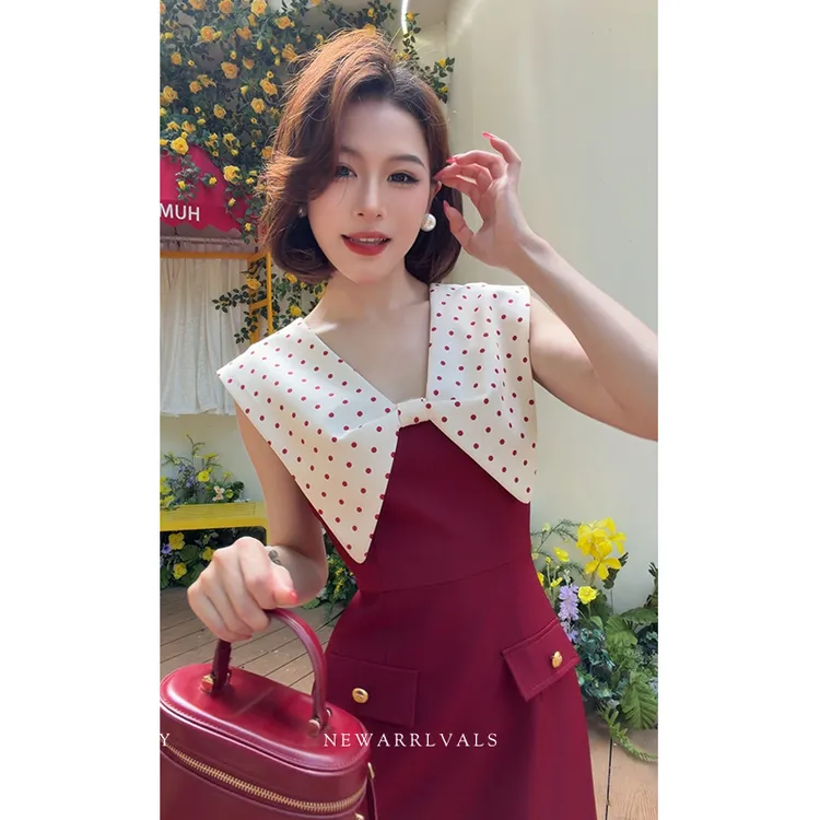 七小七Sicily【红磨坊舞曲】法式红色波点假两件气质感长款连衣裙女