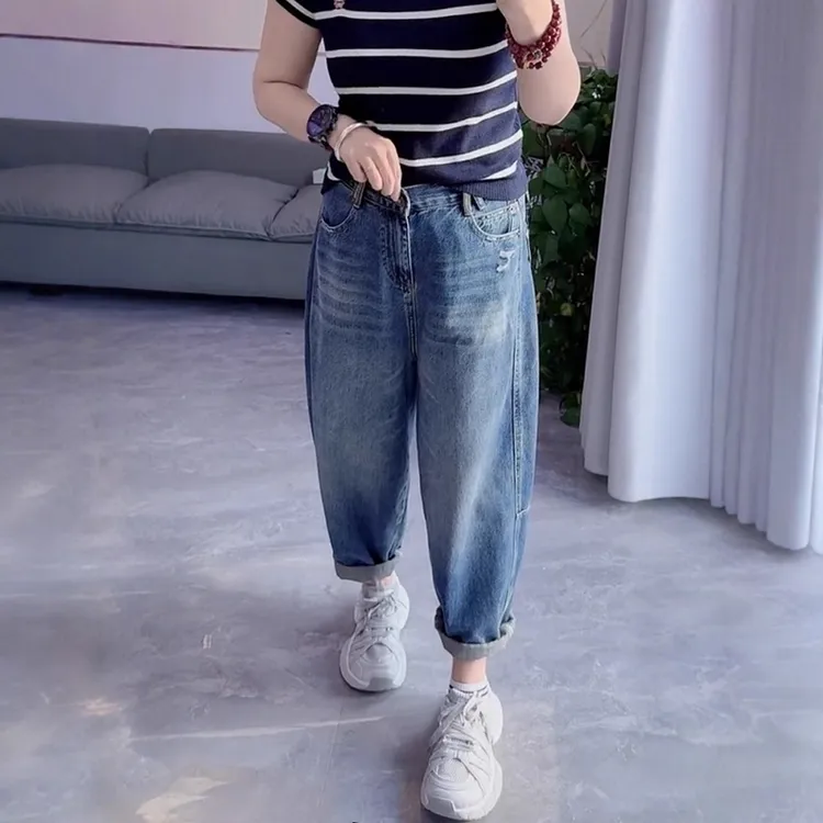 大码高腰显瘦无弹直筒牛仔老爹裤秋季新款洋气百搭宽松阔腿哈伦裤