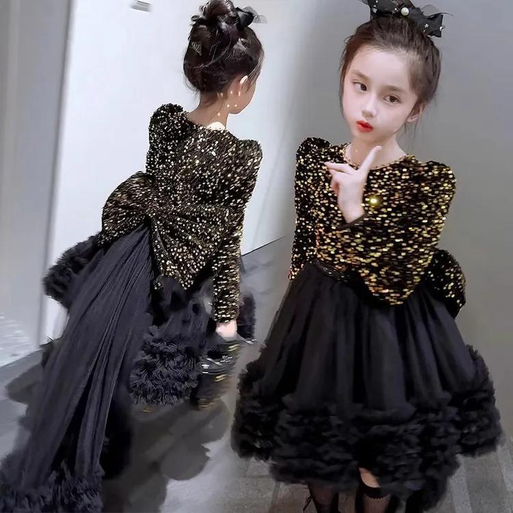 女童连衣裙轻奢小众高端儿童生日宴会宝宝黑色公主裙洋气走秀裙子