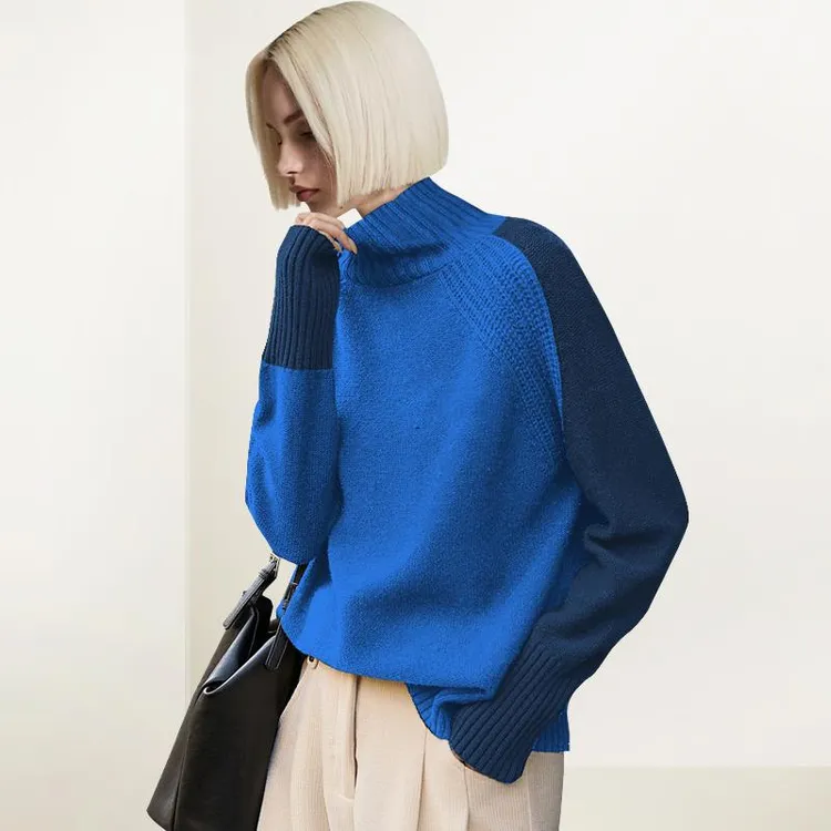 半高领撞色毛衣女2025年秋装新款内搭宽松套头长袖针织拼接打底衫