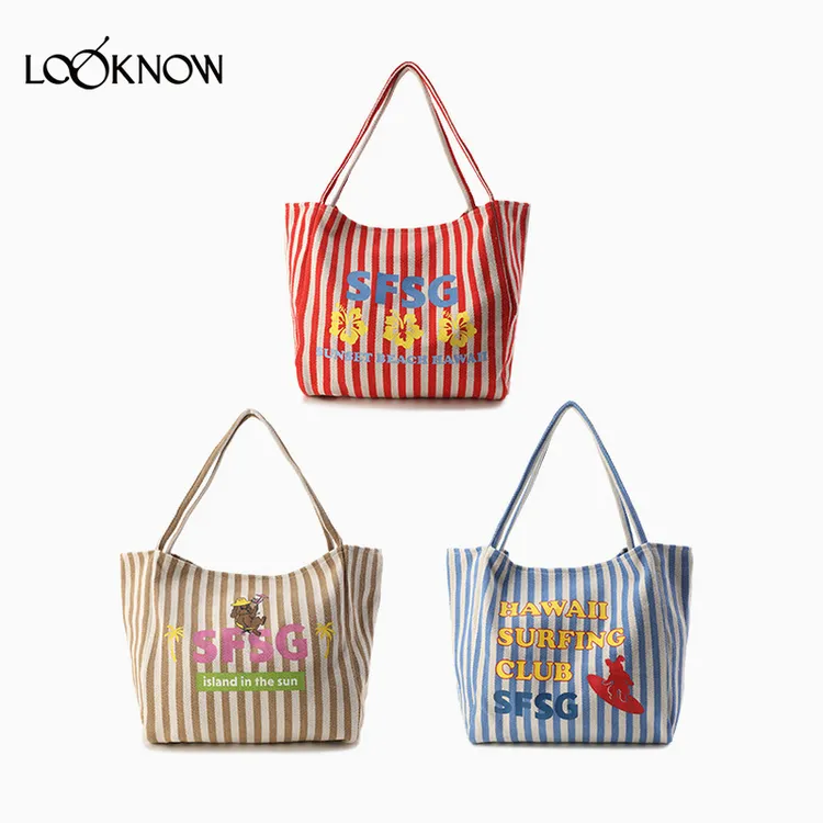SFSG设计师品牌LOOKNOW新款细条纹夏威夷海岛小狗休闲帆布袋