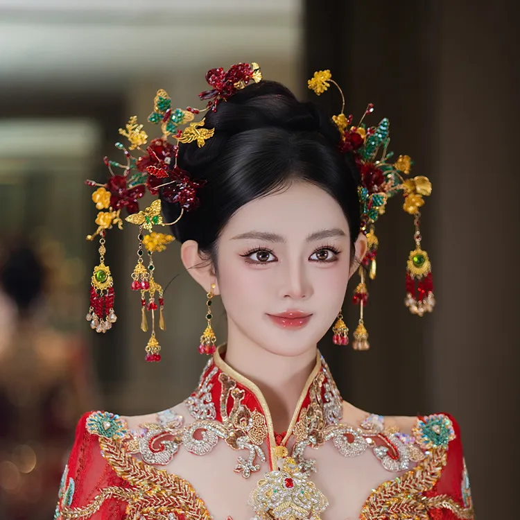 合金婚庆饰品 中式新娘华丽重工红色秀禾花朵龙凤褂结婚头饰D0640