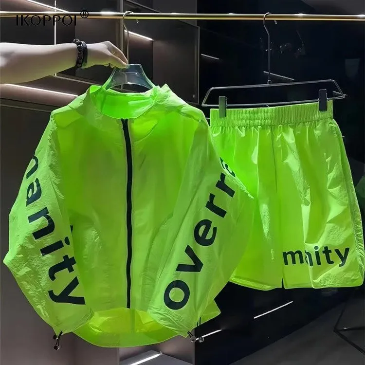 轻奢男士潮流时尚蝙蝠袖防晒套装夏季字母印花外套透气短裤两件套