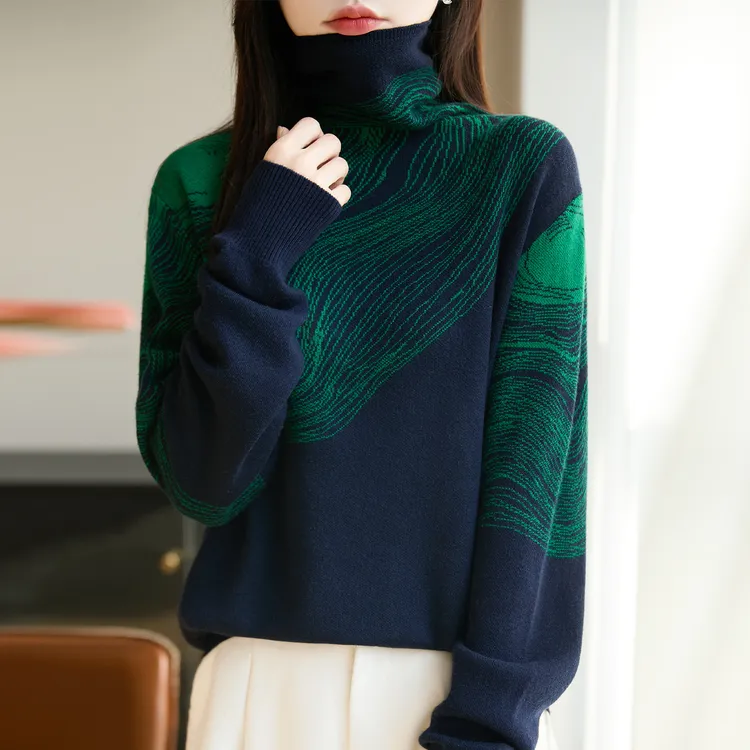 秋冬拼色提花堆堆高领针织短款女士加厚毛衣显瘦打底