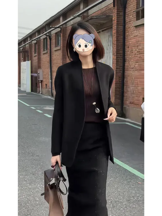慵懒风黑色毛呢西装外套女2025秋冬新款宽松显瘦时尚气质通勤大衣