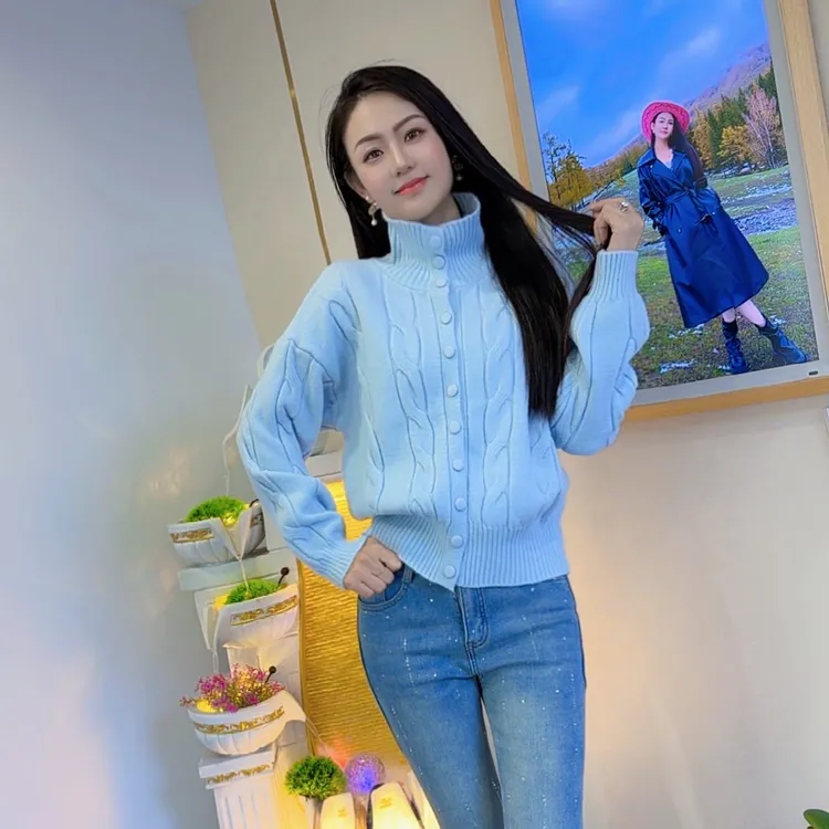 韩系麻花纹慵懒风针织开衫女休闲风减龄慵懒风外套高领毛衣上衣