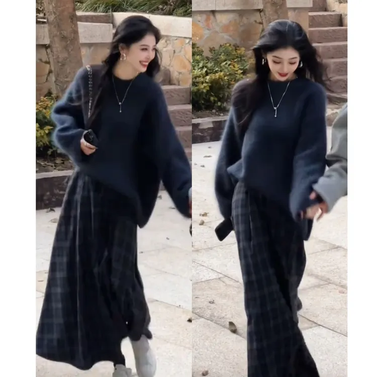 2025秋季新款时尚气质慵懒风宽松休闲气质毛衣半身裙两件套