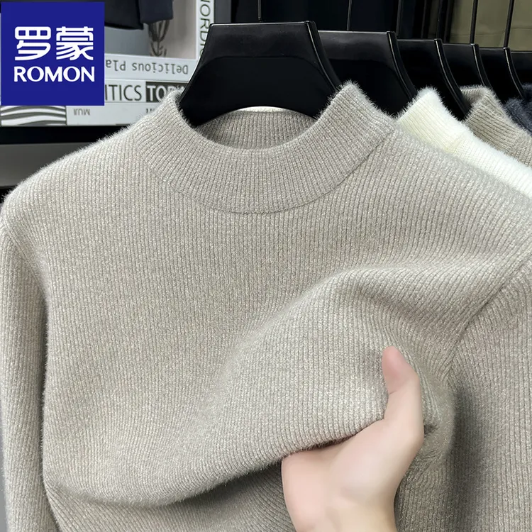 罗蒙半高领男士毛衣冬季新款柔软舒适水貂绒纯色保暖针织打底衫
