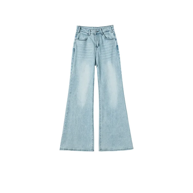 艾格浅蓝色复古刺绣宽松直筒仔裤女春季2025新款显瘦阔腿拖地裤