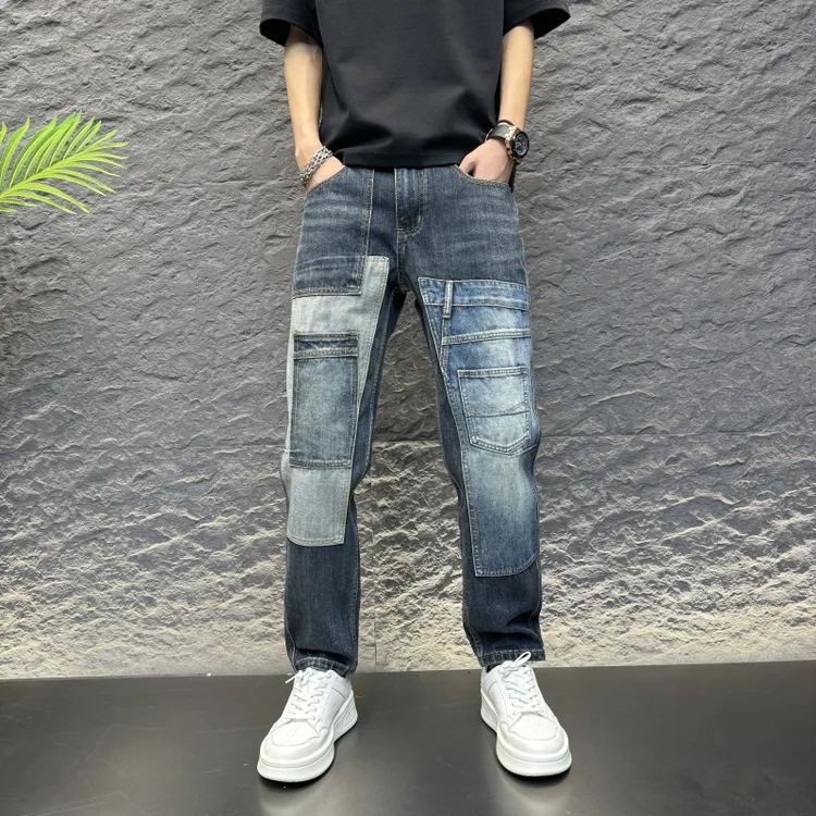 春季多口袋拼接撞色牛仔裤男合身锥形小直筒长裤美式高街痞帅潮流