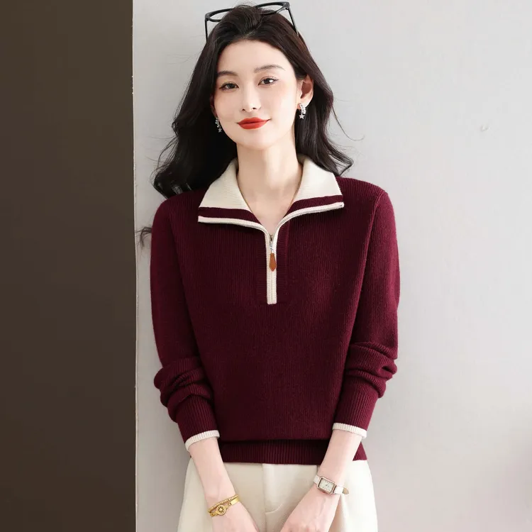 品牌高档女装秋冬半拉链毛衣女翻领长袖内搭冬季小个子短款打底衫
