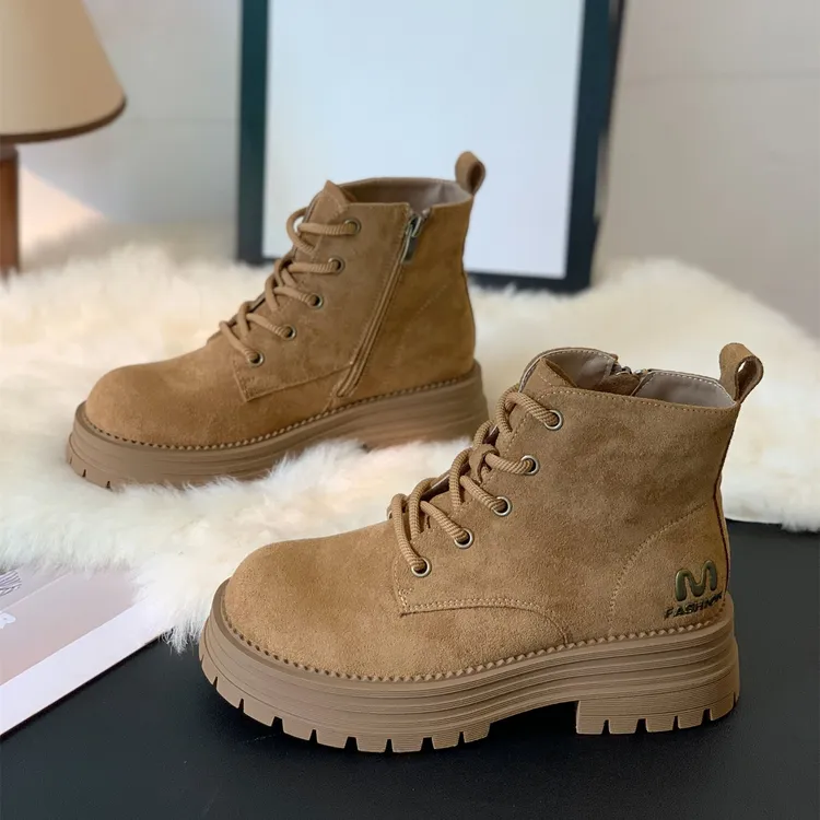 欧美厚底粗跟增高复古绒面侧拉链系带马丁靴2025秋冬新款潮酷短靴