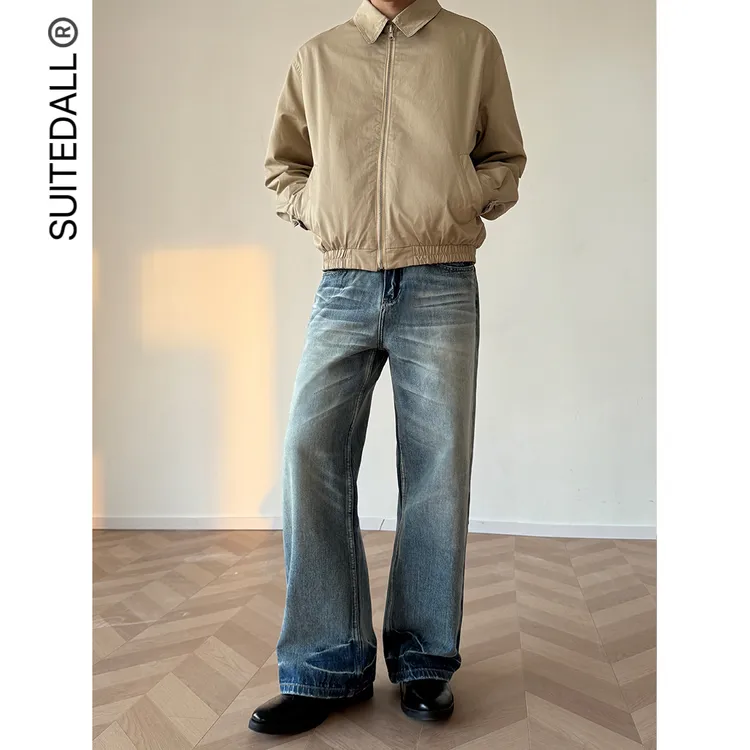 SUITEDALL竹节纹A字直筒蓝牛13盎司超柔赛络纺宽松百搭水洗牛仔裤