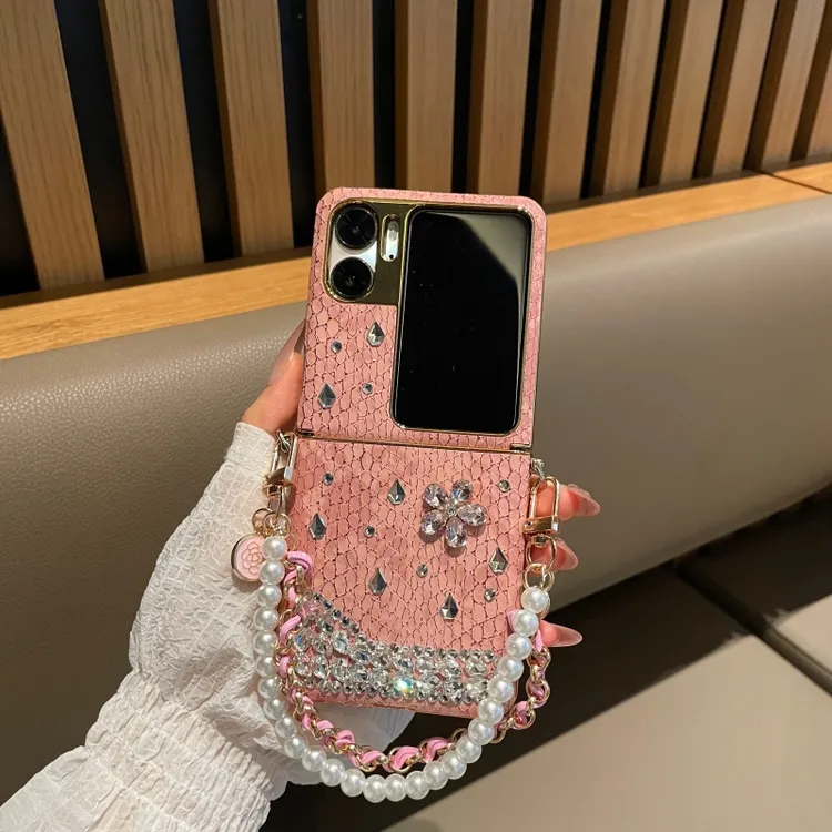 适用oppofindn2flip手机壳电镀DIY满钻连体鳄鱼纹手提链子n3flip