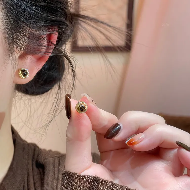 【沁汝饰品】F717虎眼石简约耳钉气质时尚轻奢['双11好物']