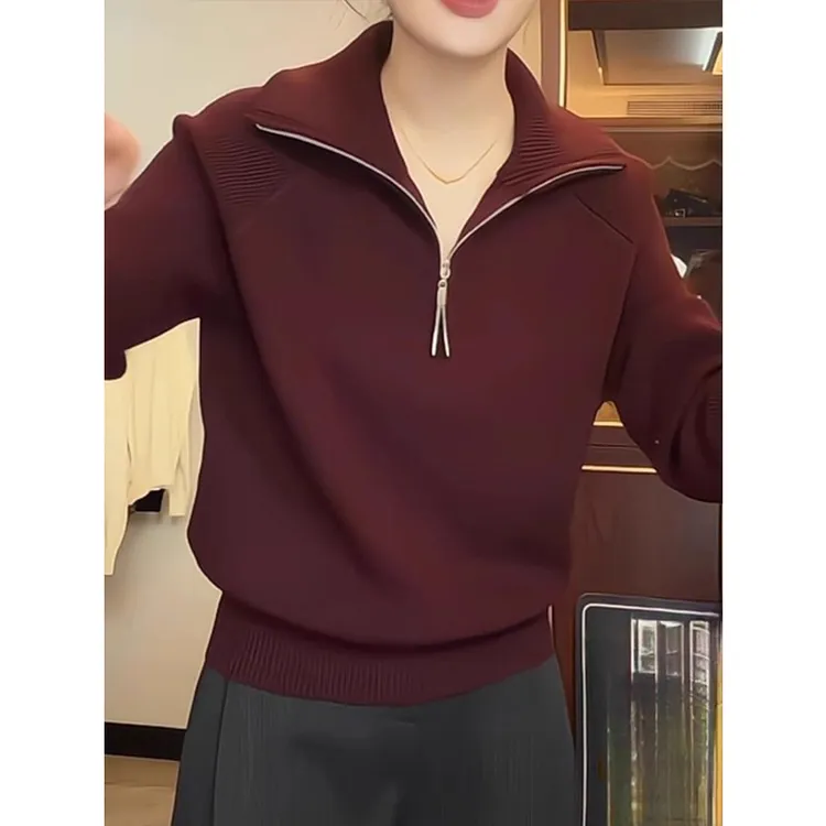 秋冬新款半拉链高领长袖头套毛衣时尚慵懒宽松针织衫显瘦百搭上衣